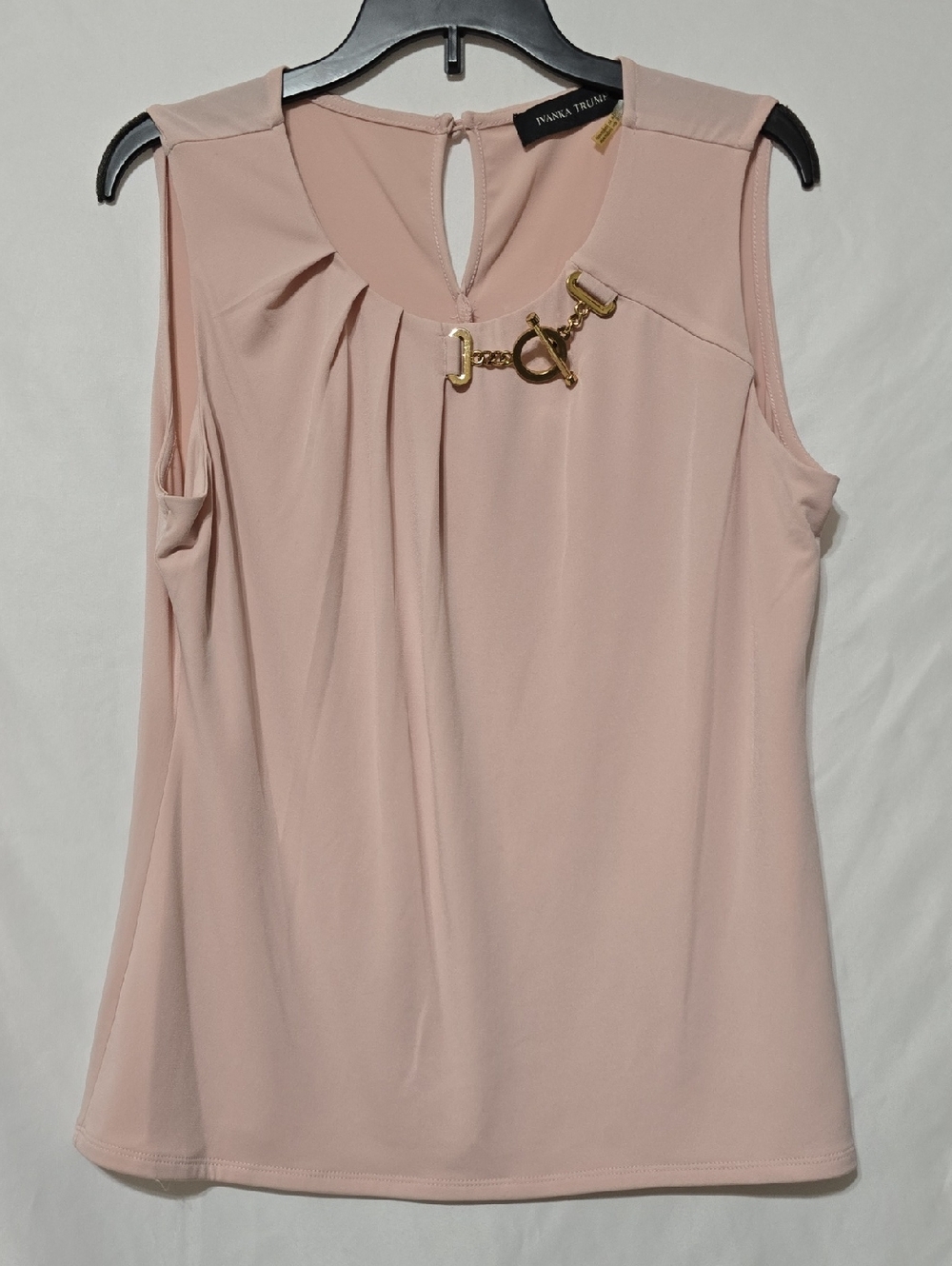 Ivanka Trump Blush Pink Sleeveless Pleated Blouse Gold Toggle Accent Medium